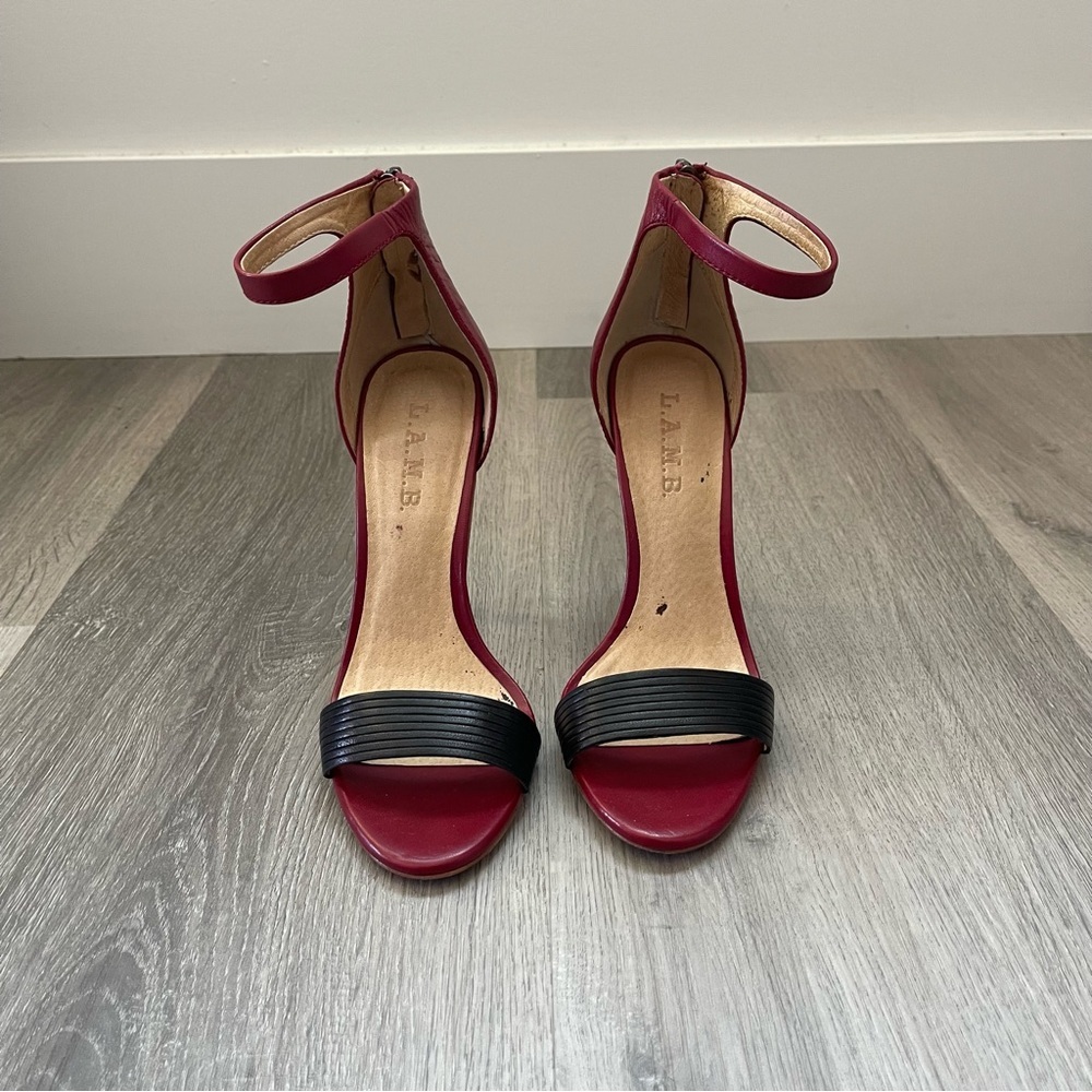 L.A.M.B. Burgundy & Black Leather Ankle Strap Heels — Gwen Stefani Line